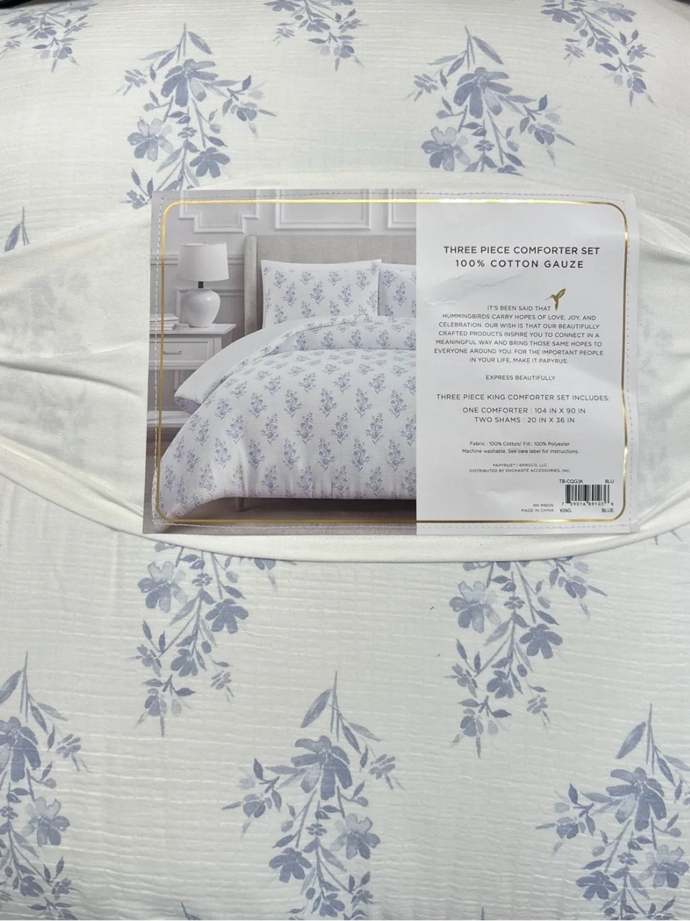 Papyrus Blue and White Cotton Gauze King Floral Comforter Set 104”x90”